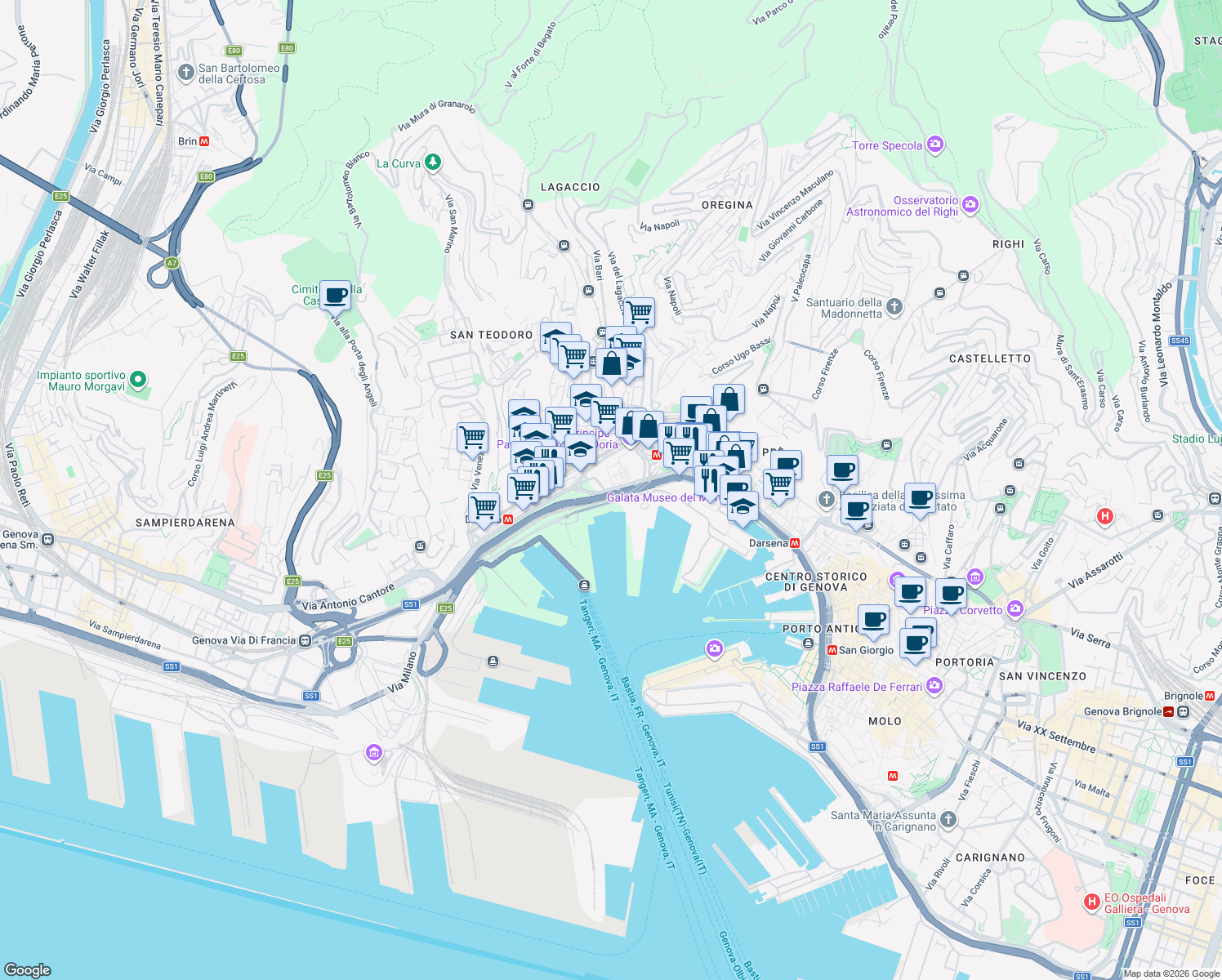 map of restaurants, bars, coffee shops, grocery stores, and more near Via Adua in Genoa