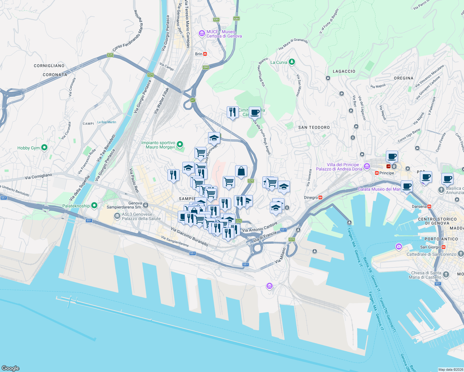 map of restaurants, bars, coffee shops, grocery stores, and more near 95 Via Bartolomeo Carrea in Genova
