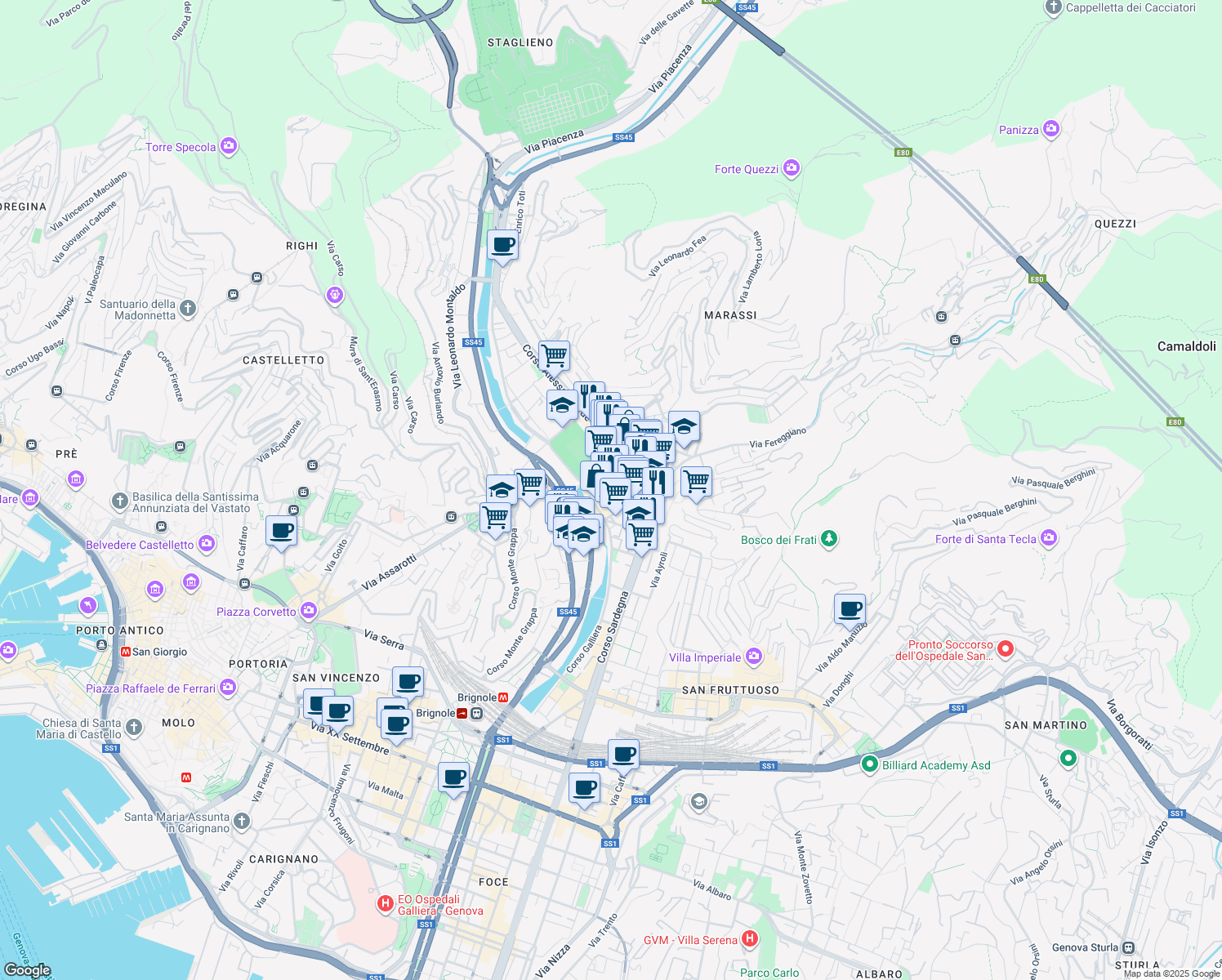 map of restaurants, bars, coffee shops, grocery stores, and more near Via Tortosa in Genova