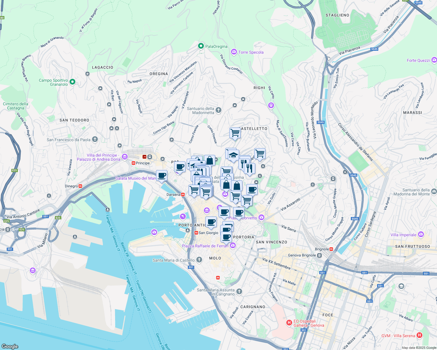 map of restaurants, bars, coffee shops, grocery stores, and more near 20 Corso Carbonara in Genoa