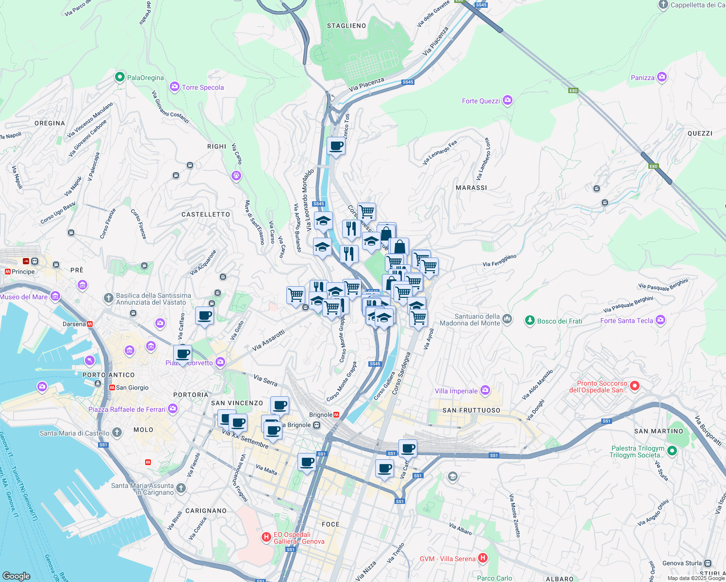 map of restaurants, bars, coffee shops, grocery stores, and more near 112 Via Canevari in Genoa