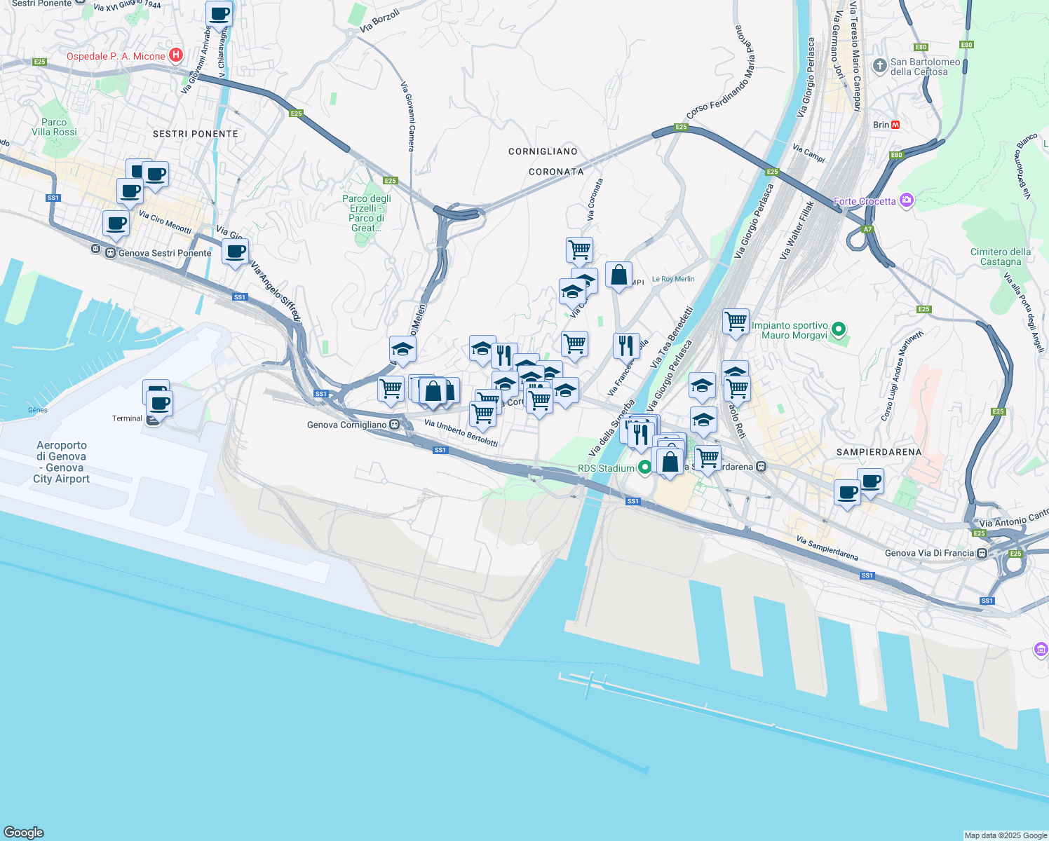 map of restaurants, bars, coffee shops, grocery stores, and more near 17 Via Capodistria in Genova