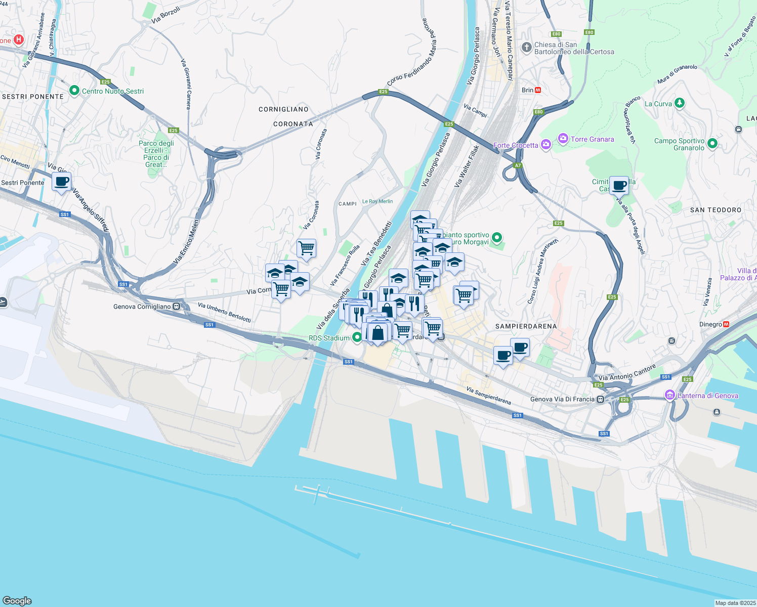 map of restaurants, bars, coffee shops, grocery stores, and more near 39 Via Raffaele Pieragostini in Genoa