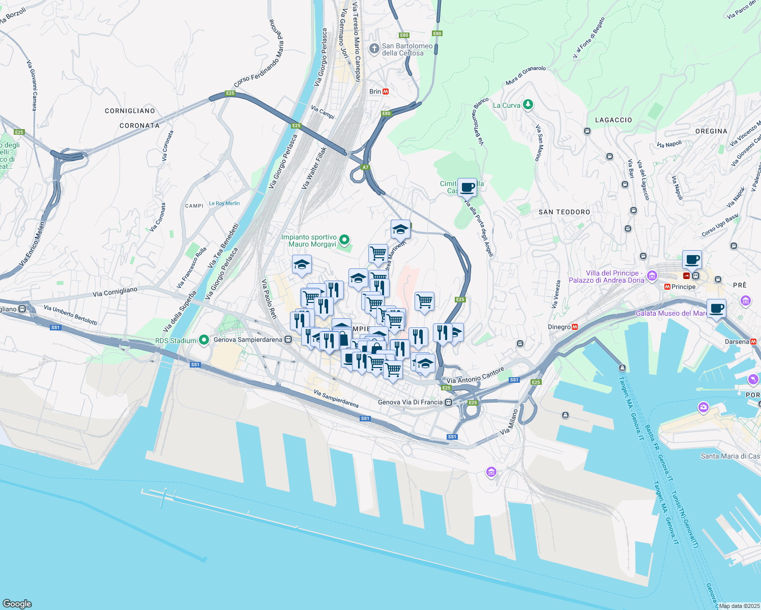map of restaurants, bars, coffee shops, grocery stores, and more near 37 Corso Luigi Andrea Martinetti in Genova