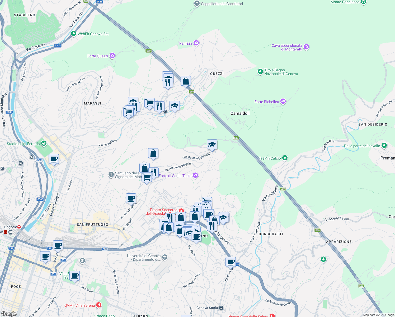 map of restaurants, bars, coffee shops, grocery stores, and more near 62R Via Pasquale Berghini in Genova