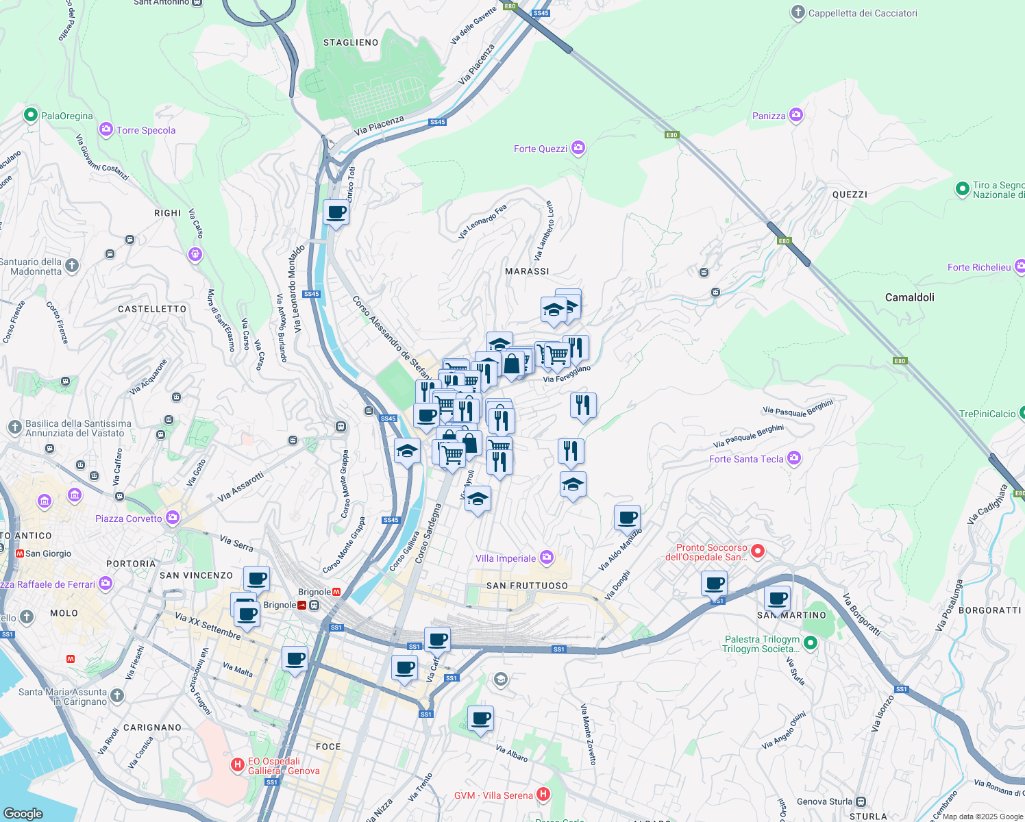 map of restaurants, bars, coffee shops, grocery stores, and more near 113 Via Giacomo Biga in Genova