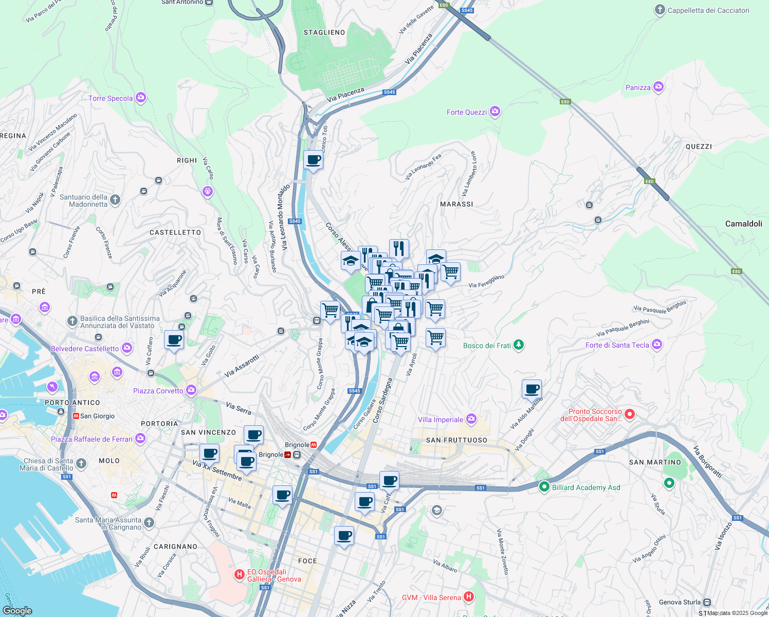 map of restaurants, bars, coffee shops, grocery stores, and more near 2 Via Tortosa in Genova