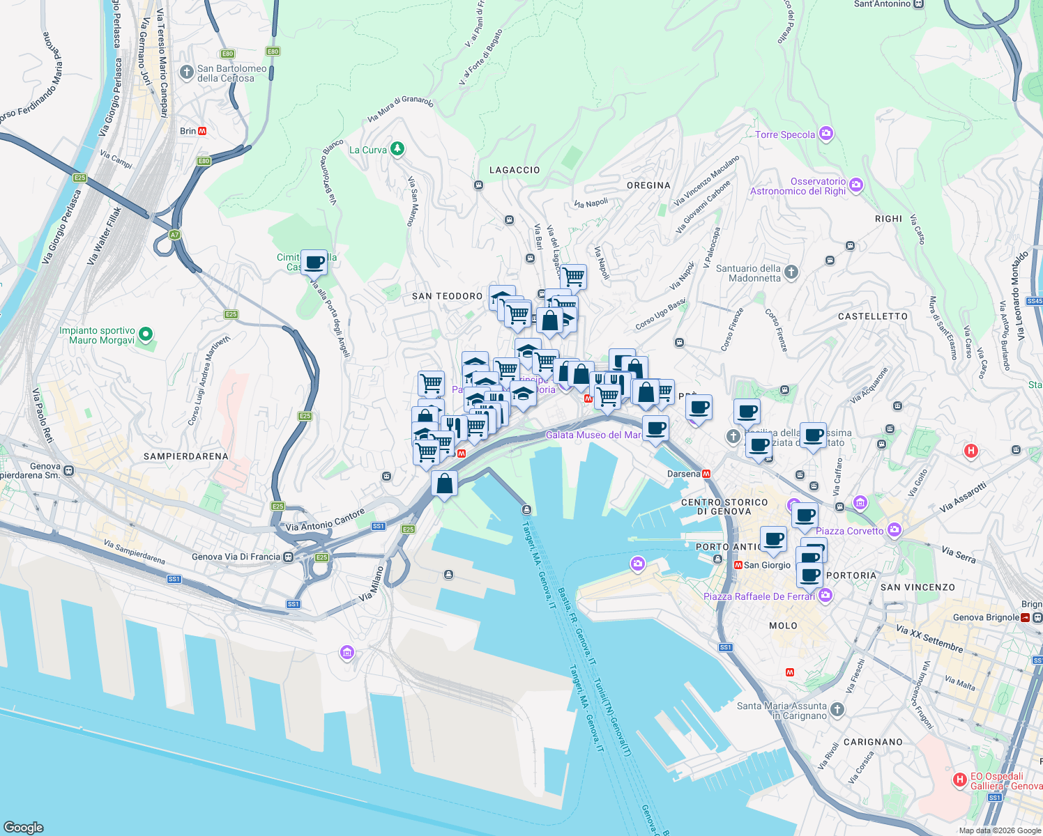 map of restaurants, bars, coffee shops, grocery stores, and more near Via Adua in Genoa