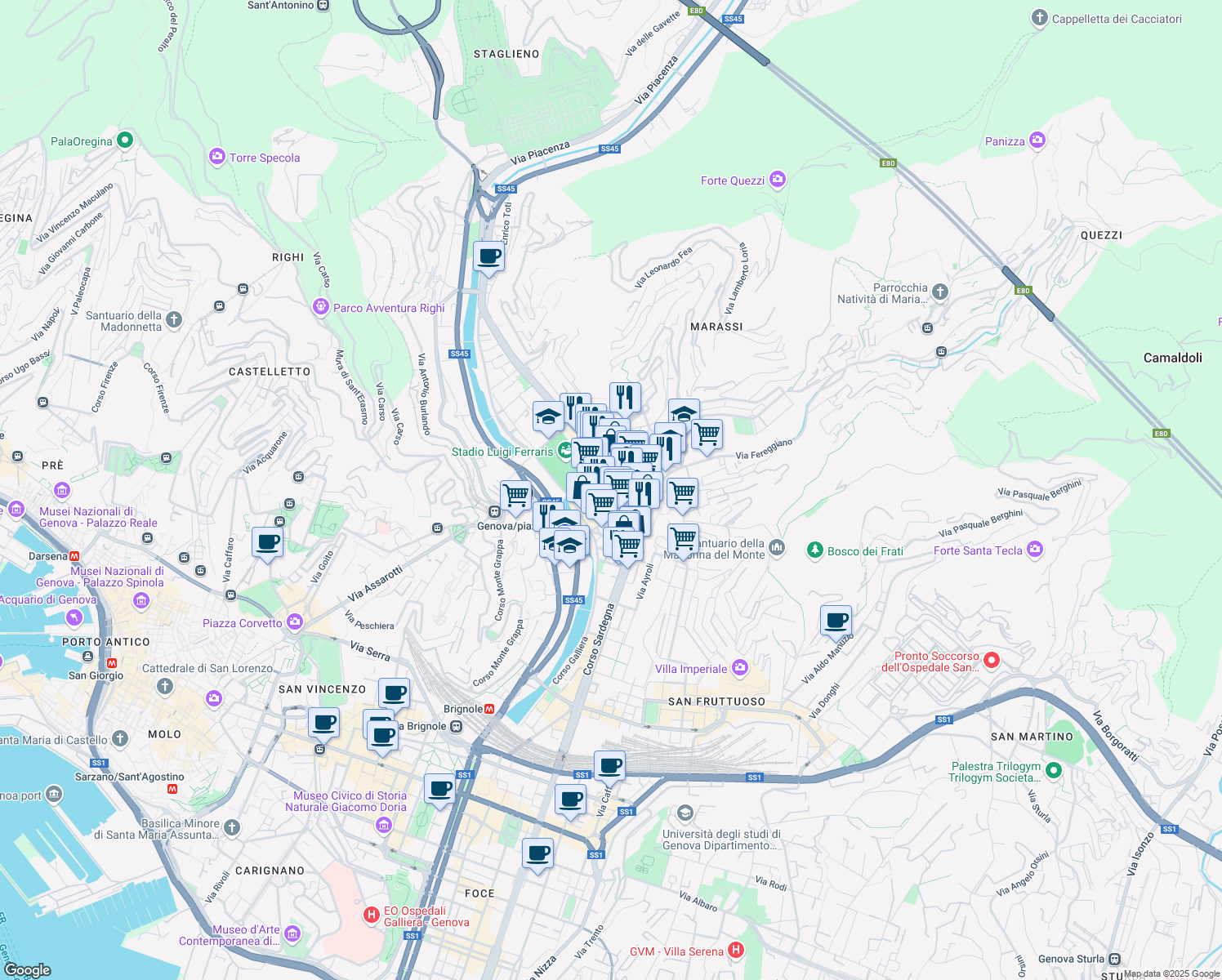 map of restaurants, bars, coffee shops, grocery stores, and more near Via Tortosa in Genova