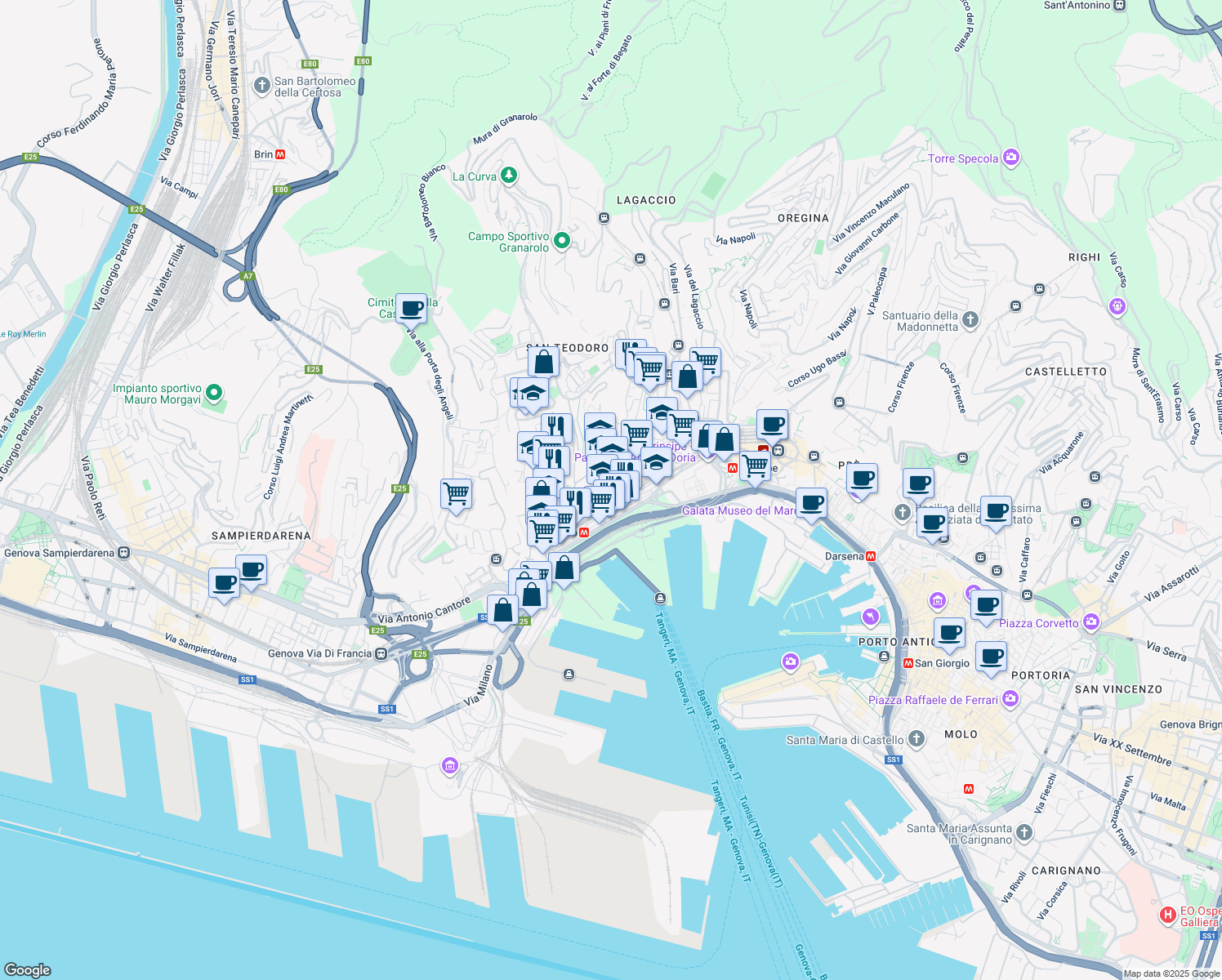 map of restaurants, bars, coffee shops, grocery stores, and more near 8629 Via Bruno Buozzi in Genova