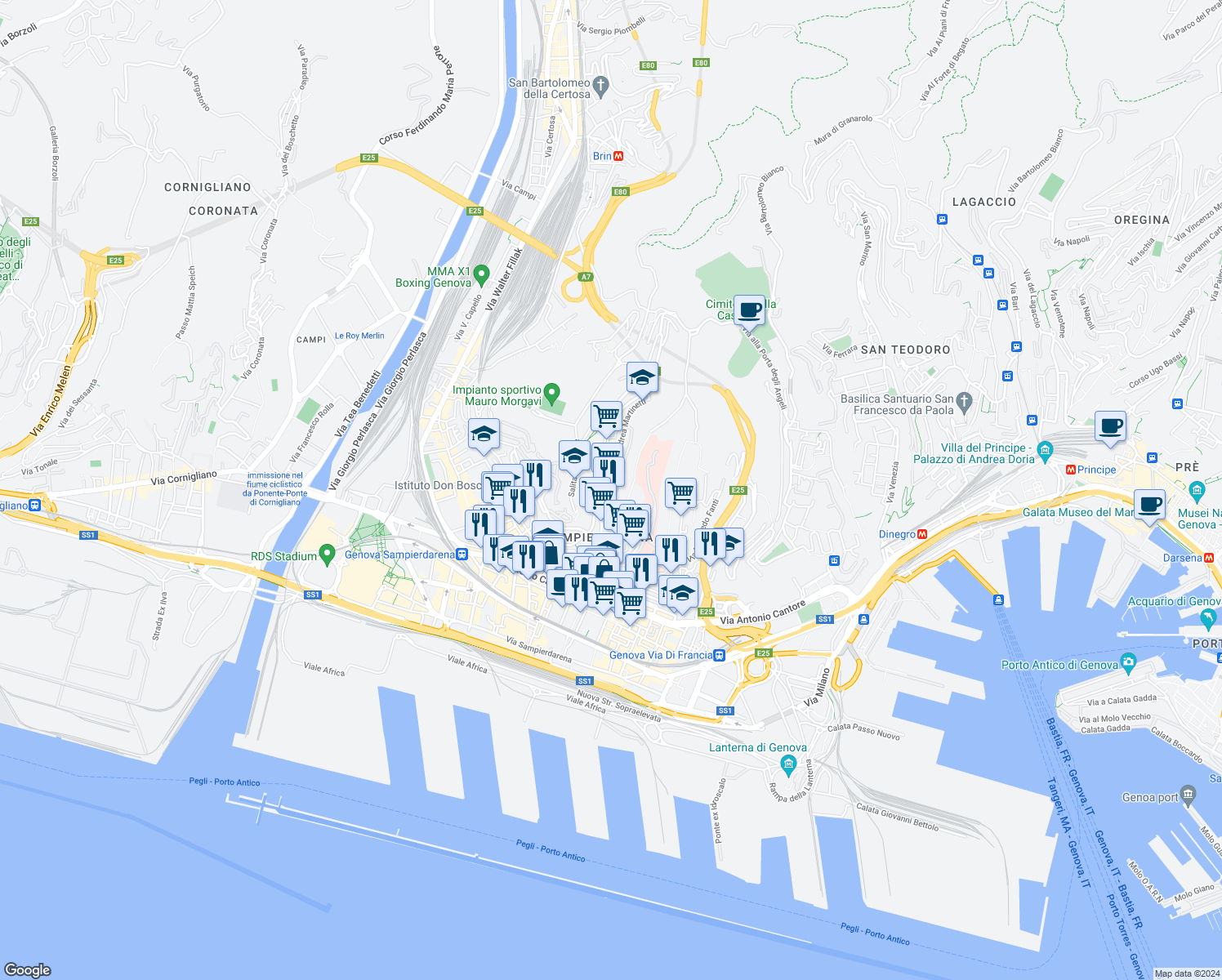 map of restaurants, bars, coffee shops, grocery stores, and more near 37 Corso Luigi Andrea Martinetti in Genoa