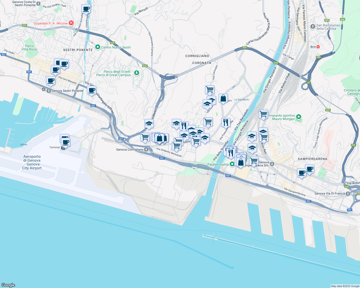 map of restaurants, bars, coffee shops, grocery stores, and more near 6r Via Paolo Antonio de Cavero in Genova