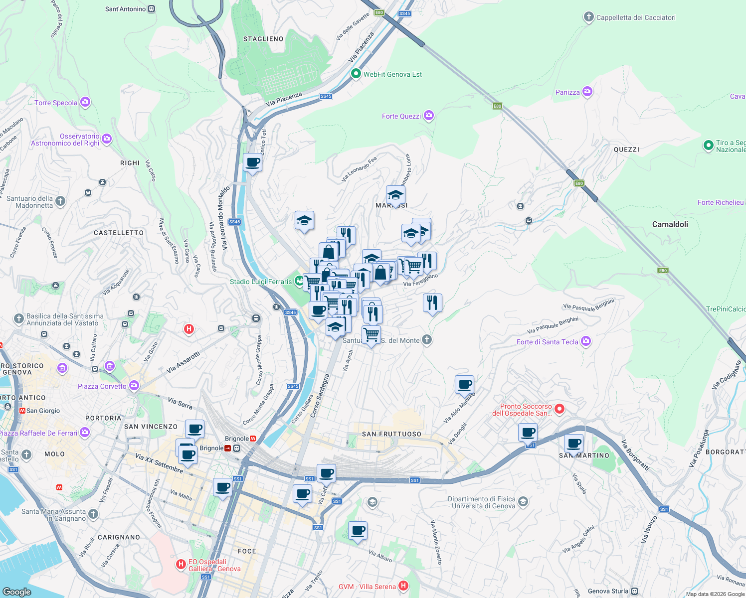 map of restaurants, bars, coffee shops, grocery stores, and more near 10 Via Fereggiano in Genova