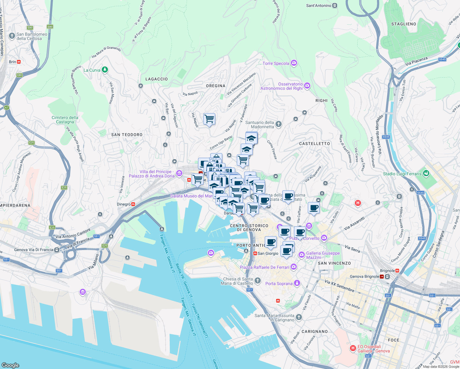 map of restaurants, bars, coffee shops, grocery stores, and more near 129 Via Balbi in Genova