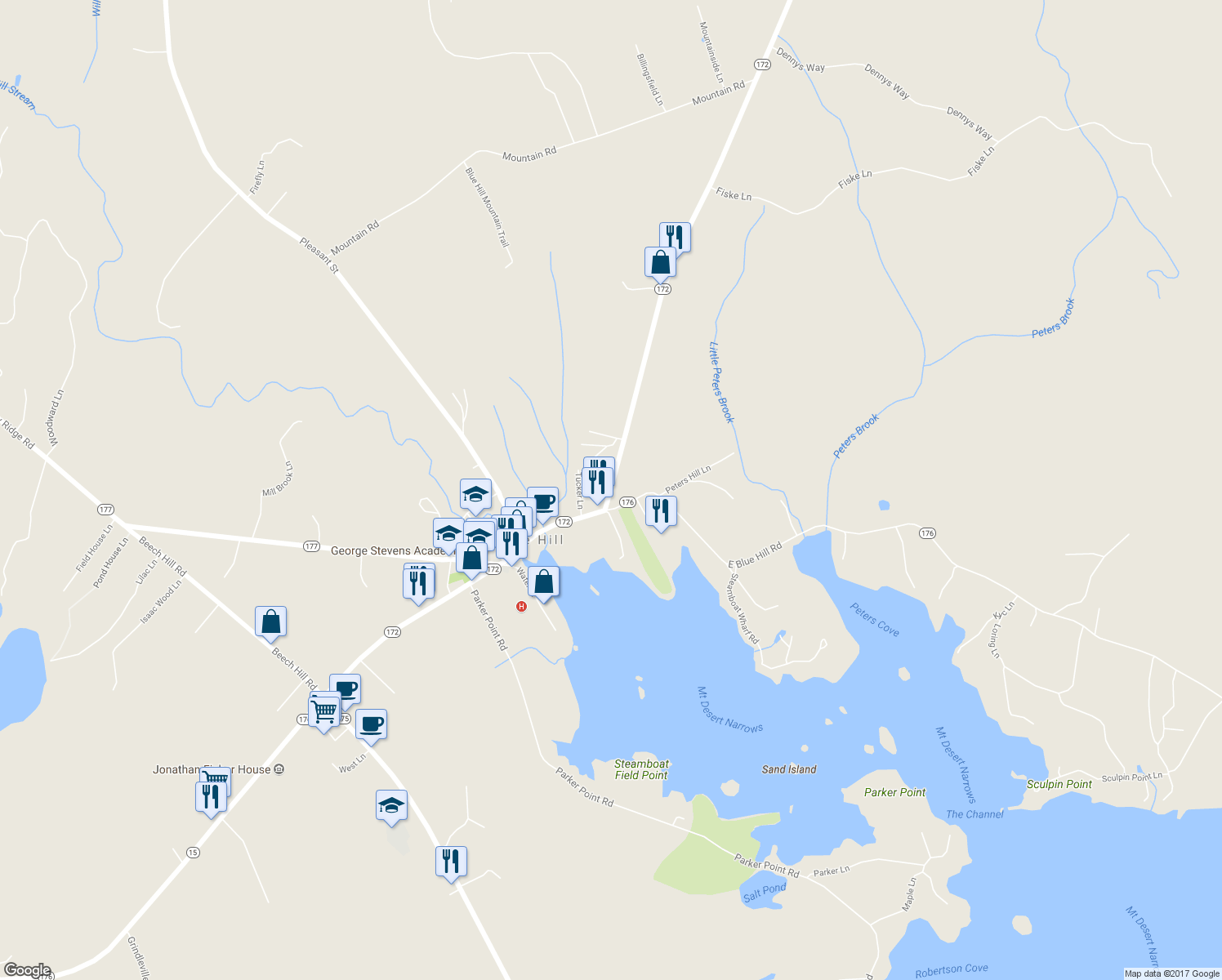map of restaurants, bars, coffee shops, grocery stores, and more near 15 Ellsworth Road in Blue Hill