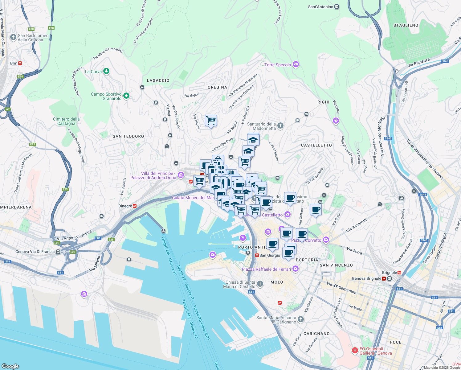 map of restaurants, bars, coffee shops, grocery stores, and more near 129 Via Balbi in Genova