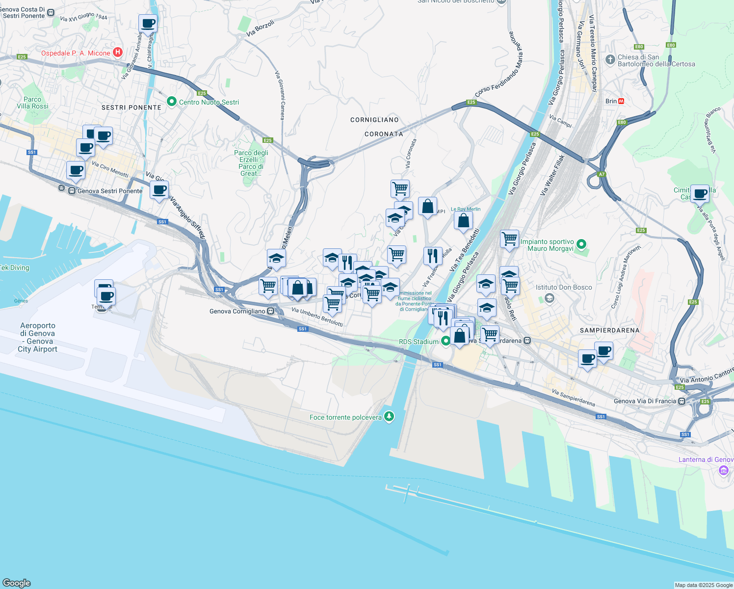 map of restaurants, bars, coffee shops, grocery stores, and more near 34 Via Cornigliano in Genoa