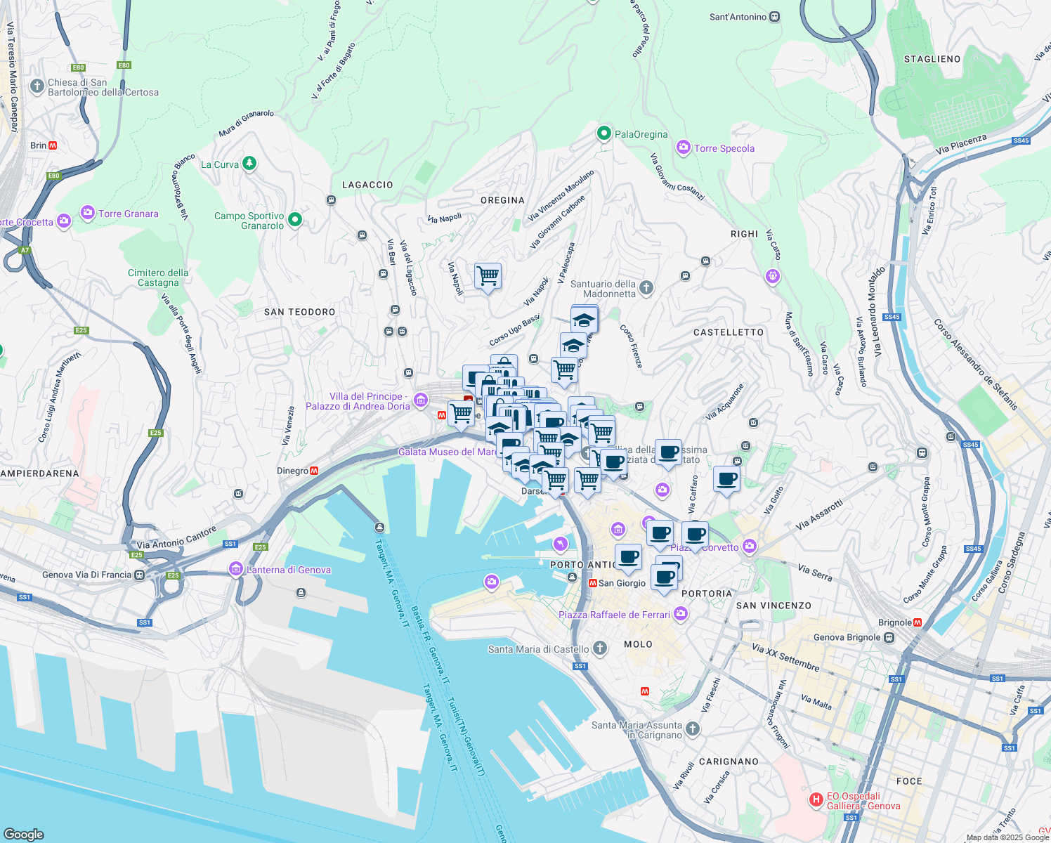 map of restaurants, bars, coffee shops, grocery stores, and more near 129 Via Balbi in Genova