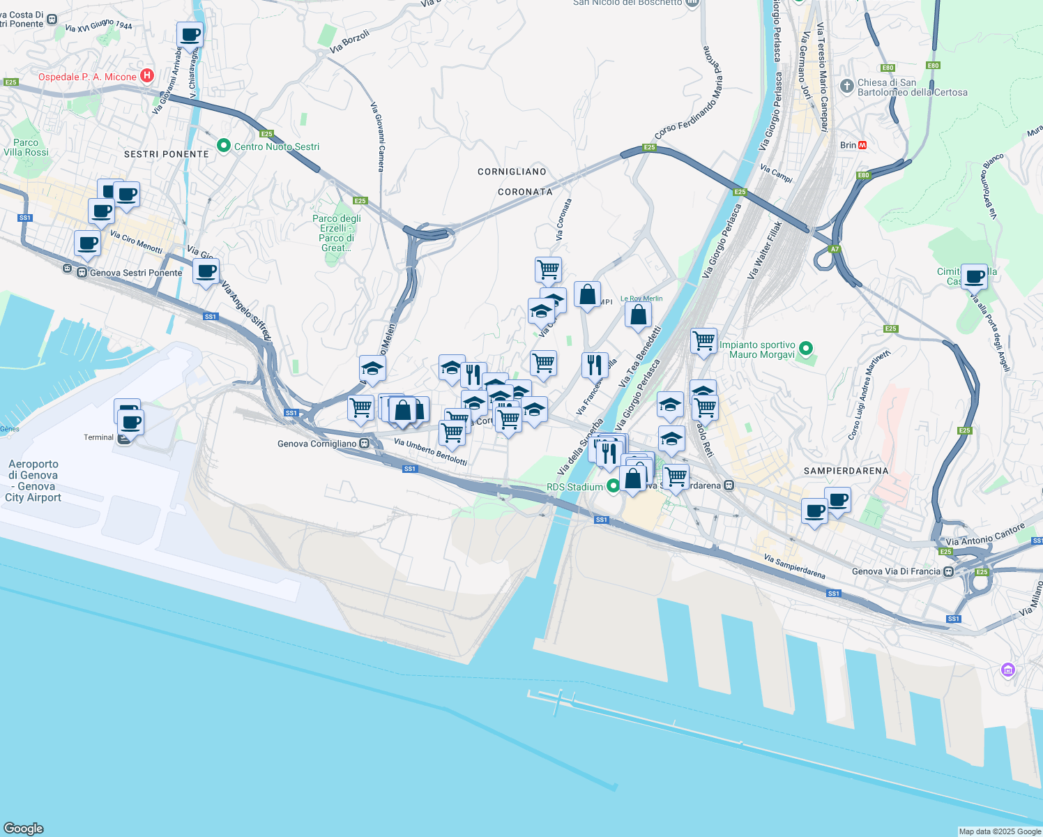 map of restaurants, bars, coffee shops, grocery stores, and more near 34 Via Cornigliano in Genoa