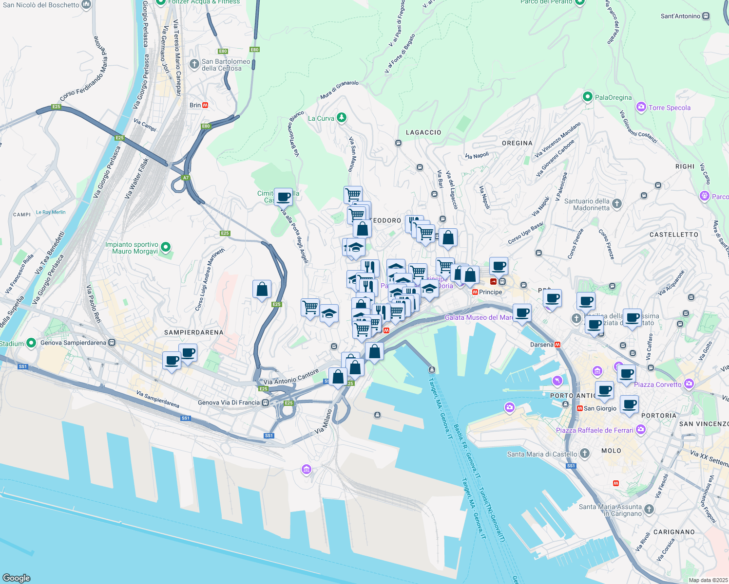 map of restaurants, bars, coffee shops, grocery stores, and more near 99 Via Venezia in Genova