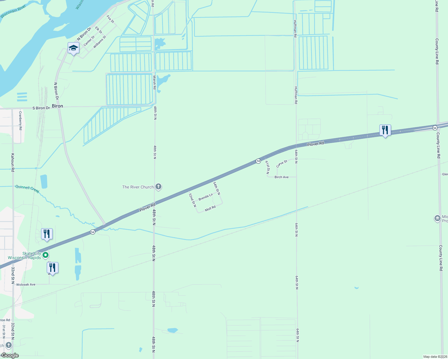 map of restaurants, bars, coffee shops, grocery stores, and more near 5510 Plover Road in Wisconsin Rapids