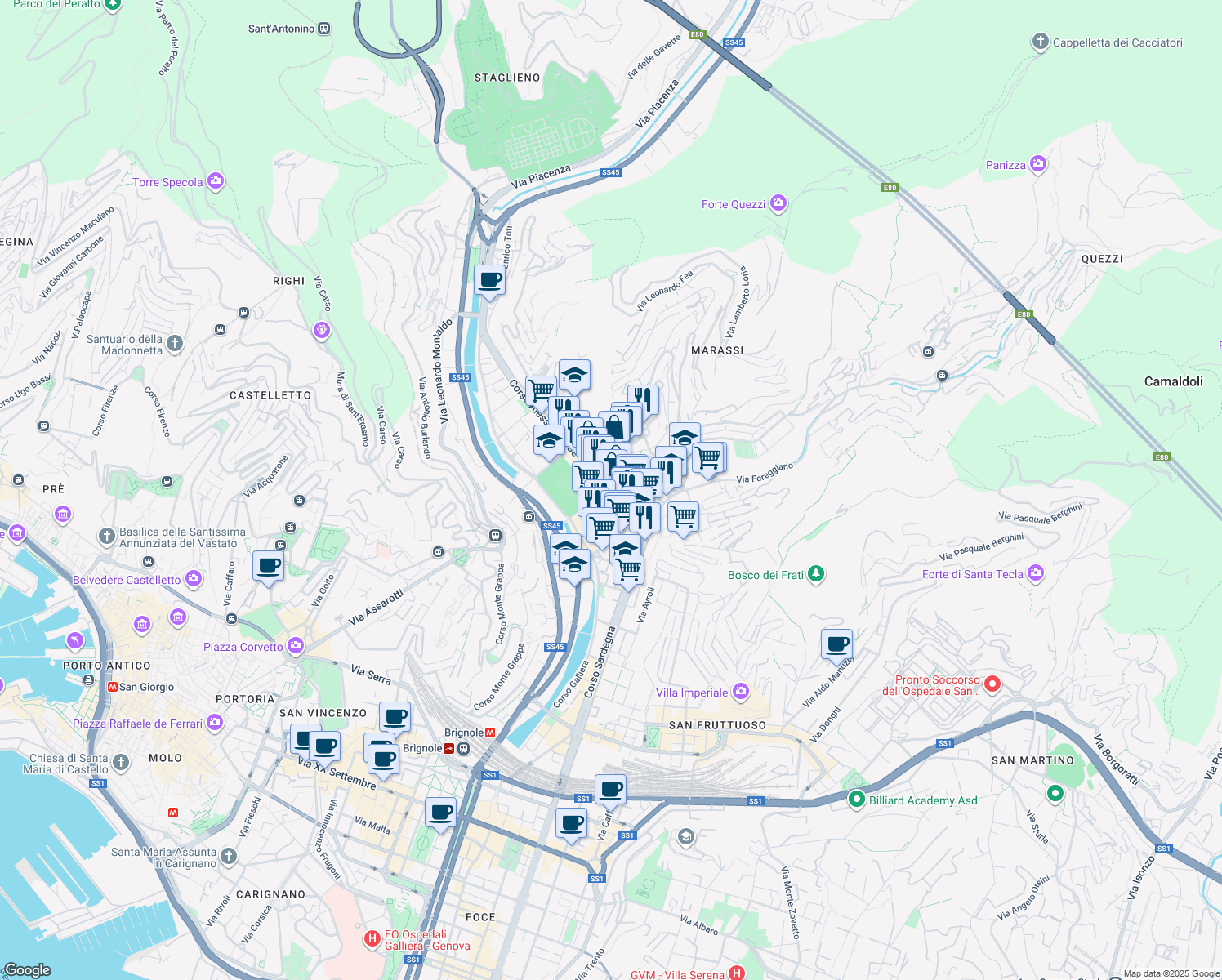 map of restaurants, bars, coffee shops, grocery stores, and more near 4 Via Casata Centuriona in Genova