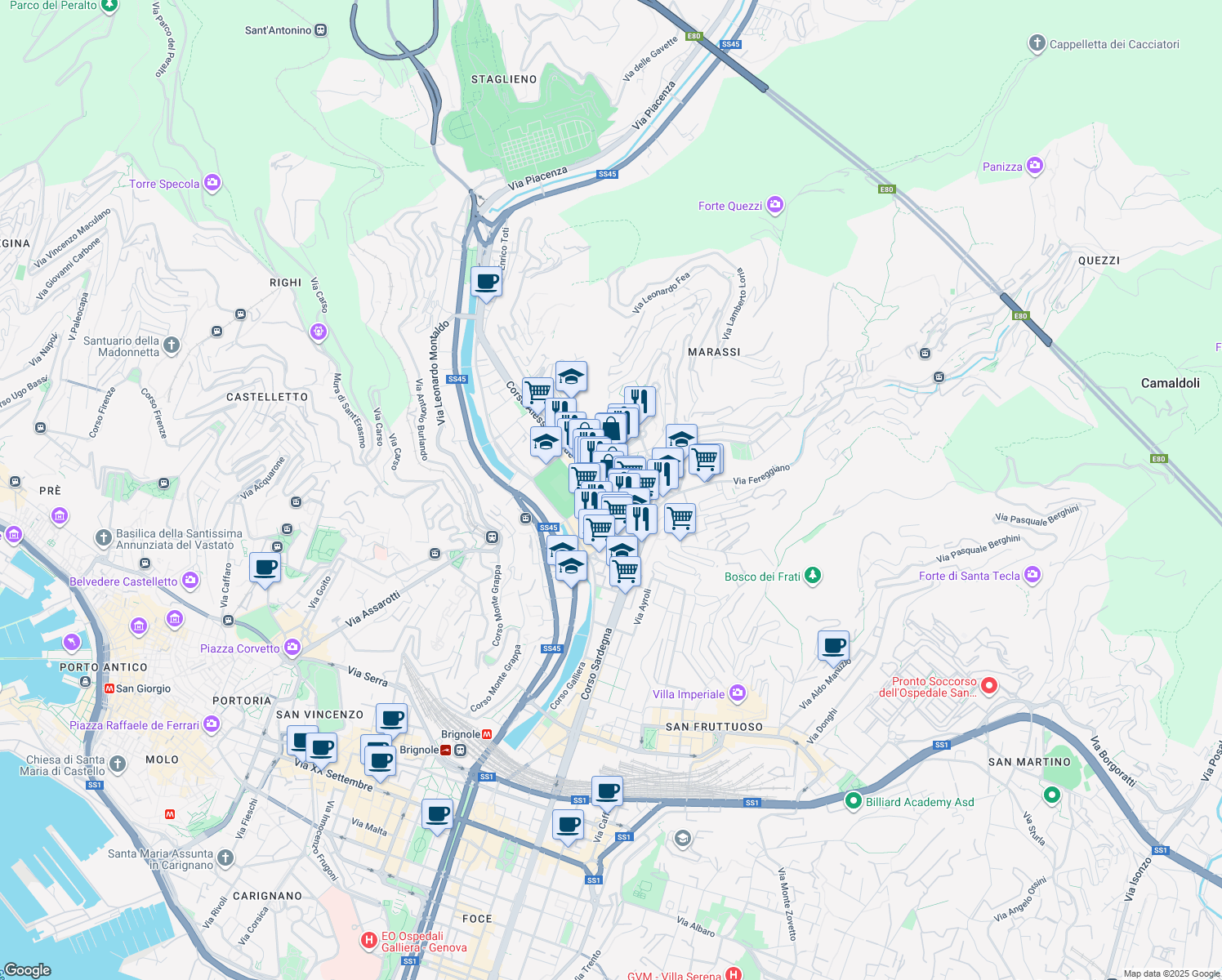 map of restaurants, bars, coffee shops, grocery stores, and more near 4 Via Casata Centuriona in Genoa