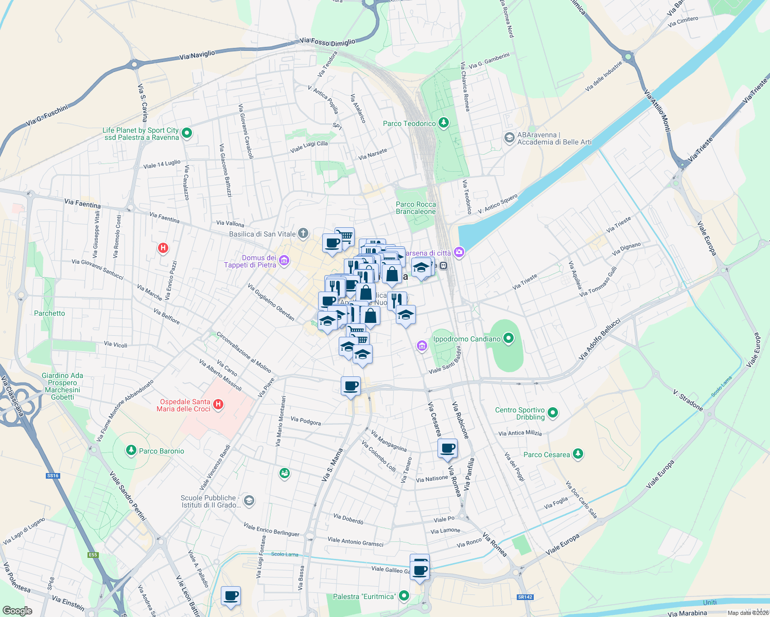map of restaurants, bars, coffee shops, grocery stores, and more near 20 Via Francesco Negri in Ravenna