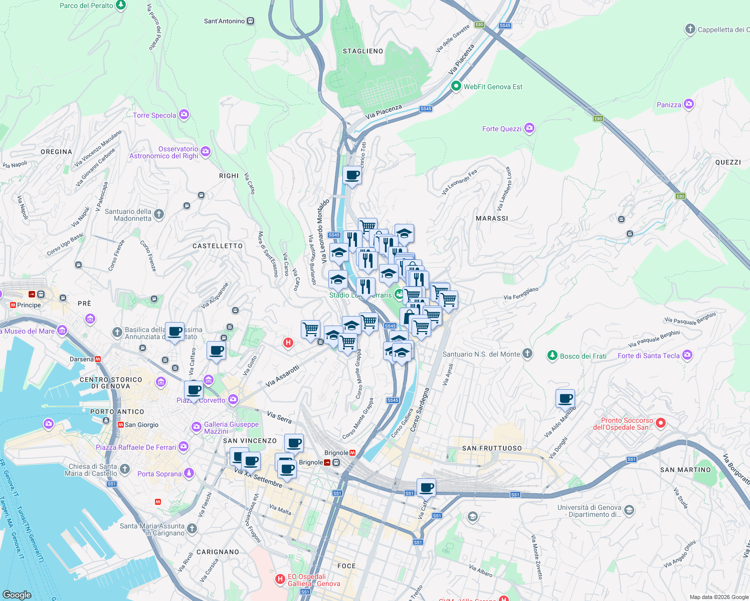 map of restaurants, bars, coffee shops, grocery stores, and more near Via James Richardson Spensley in Genova
