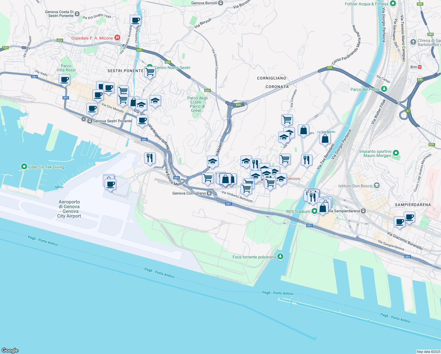 map of restaurants, bars, coffee shops, grocery stores, and more near 27 Via Tonale in Genova