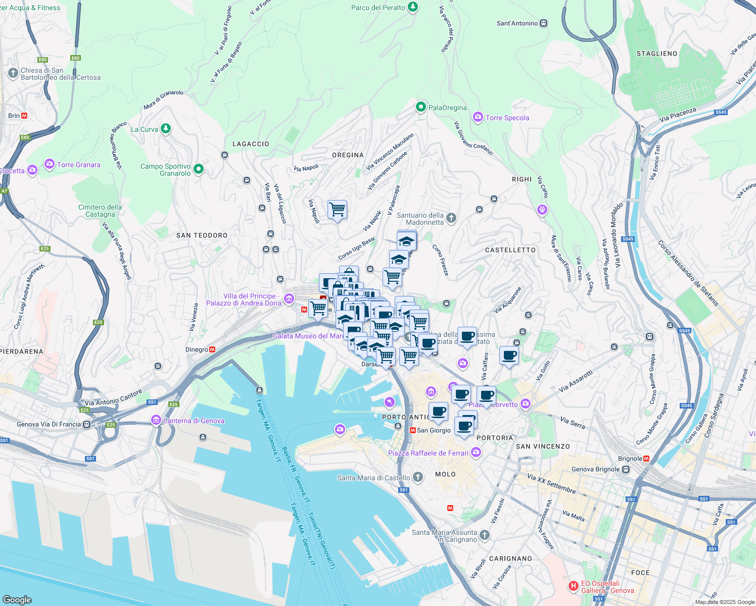 map of restaurants, bars, coffee shops, grocery stores, and more near 129 Via Balbi in Genova