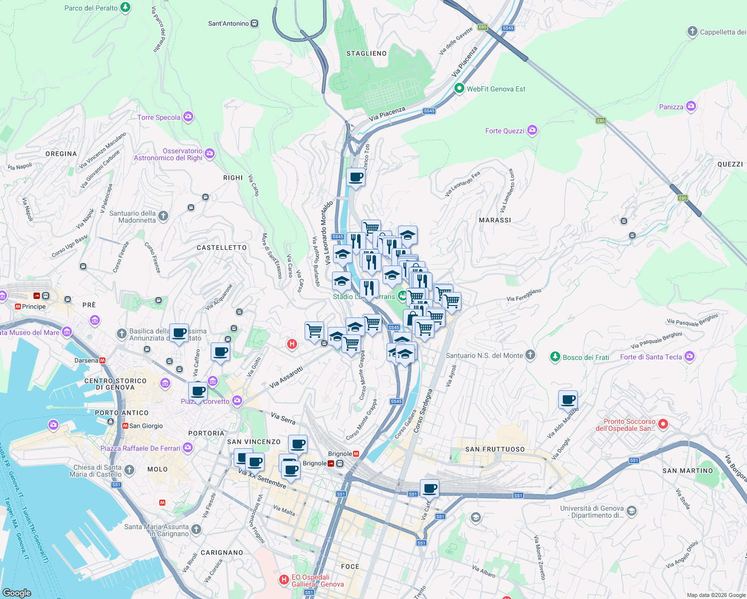map of restaurants, bars, coffee shops, grocery stores, and more near Via James Richardson Spensley in Genoa