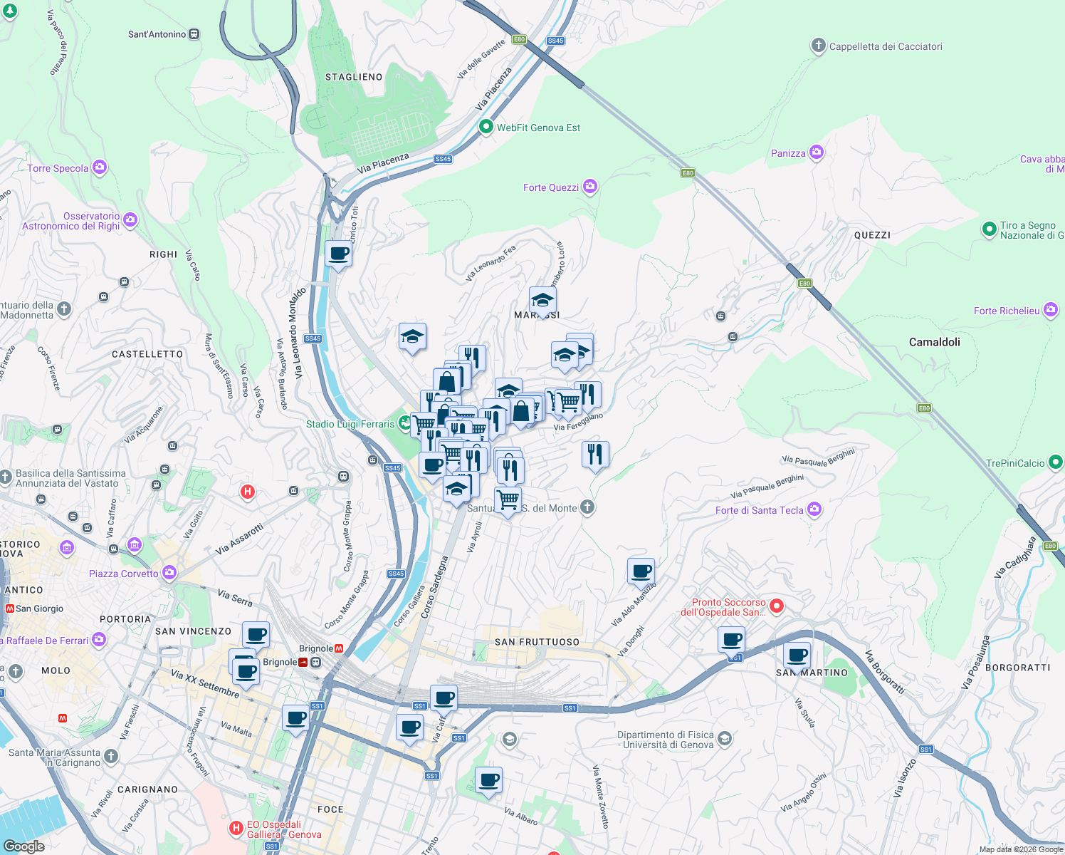map of restaurants, bars, coffee shops, grocery stores, and more near 10 Via Fereggiano in Genova