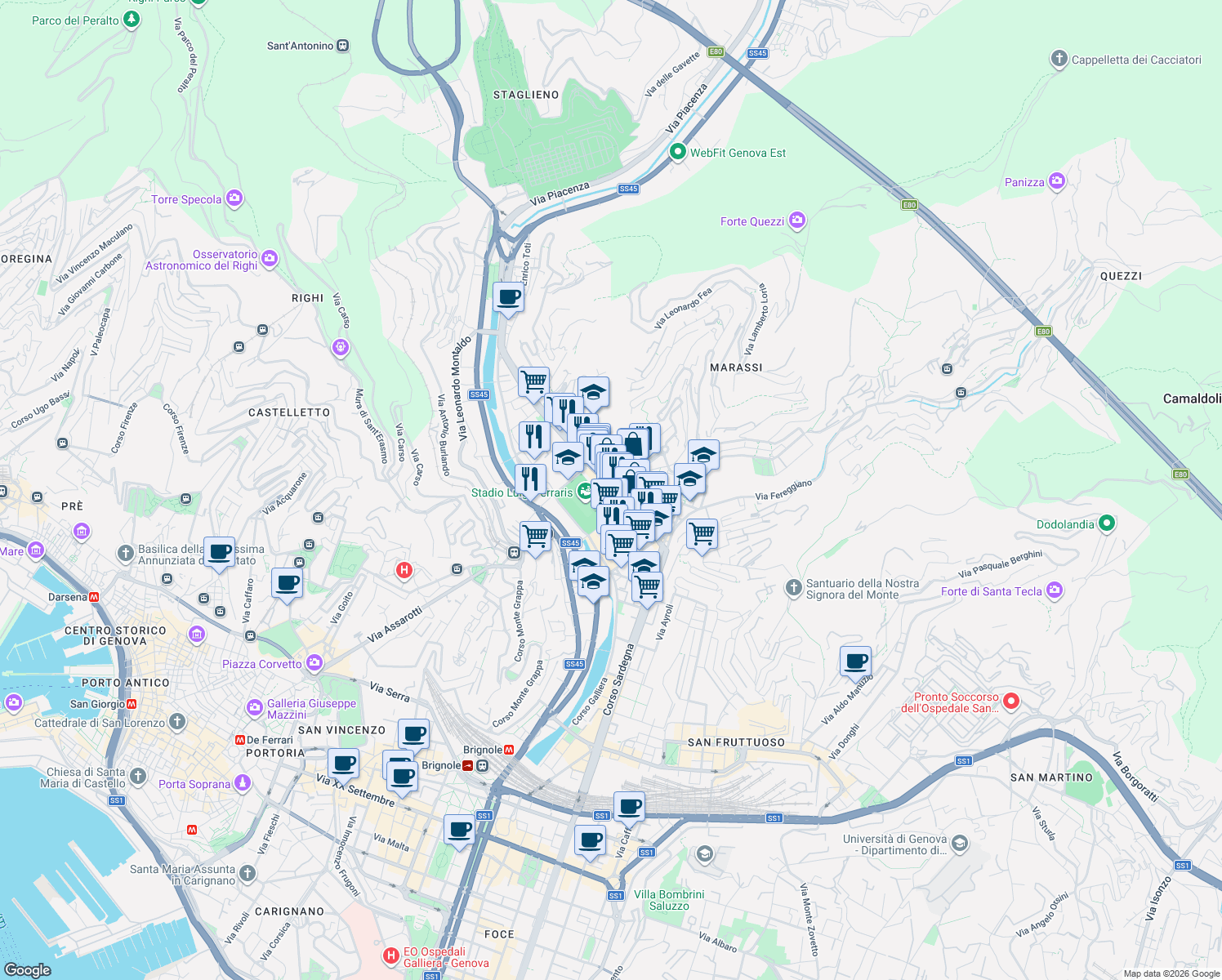 map of restaurants, bars, coffee shops, grocery stores, and more near 19 Corso Alessandro de Stefanis in Genova