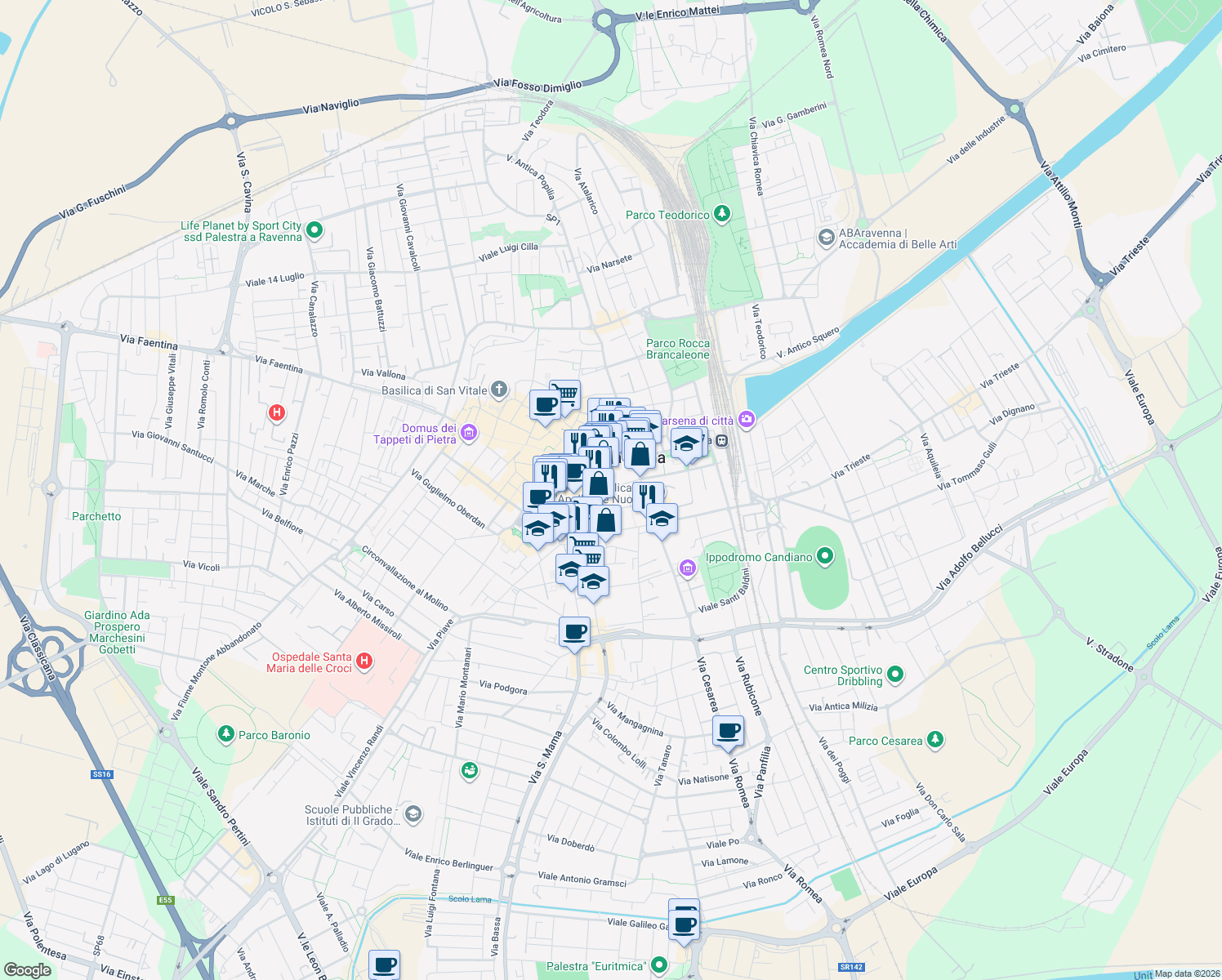 map of restaurants, bars, coffee shops, grocery stores, and more near 20 Via Francesco Negri in Ravenna