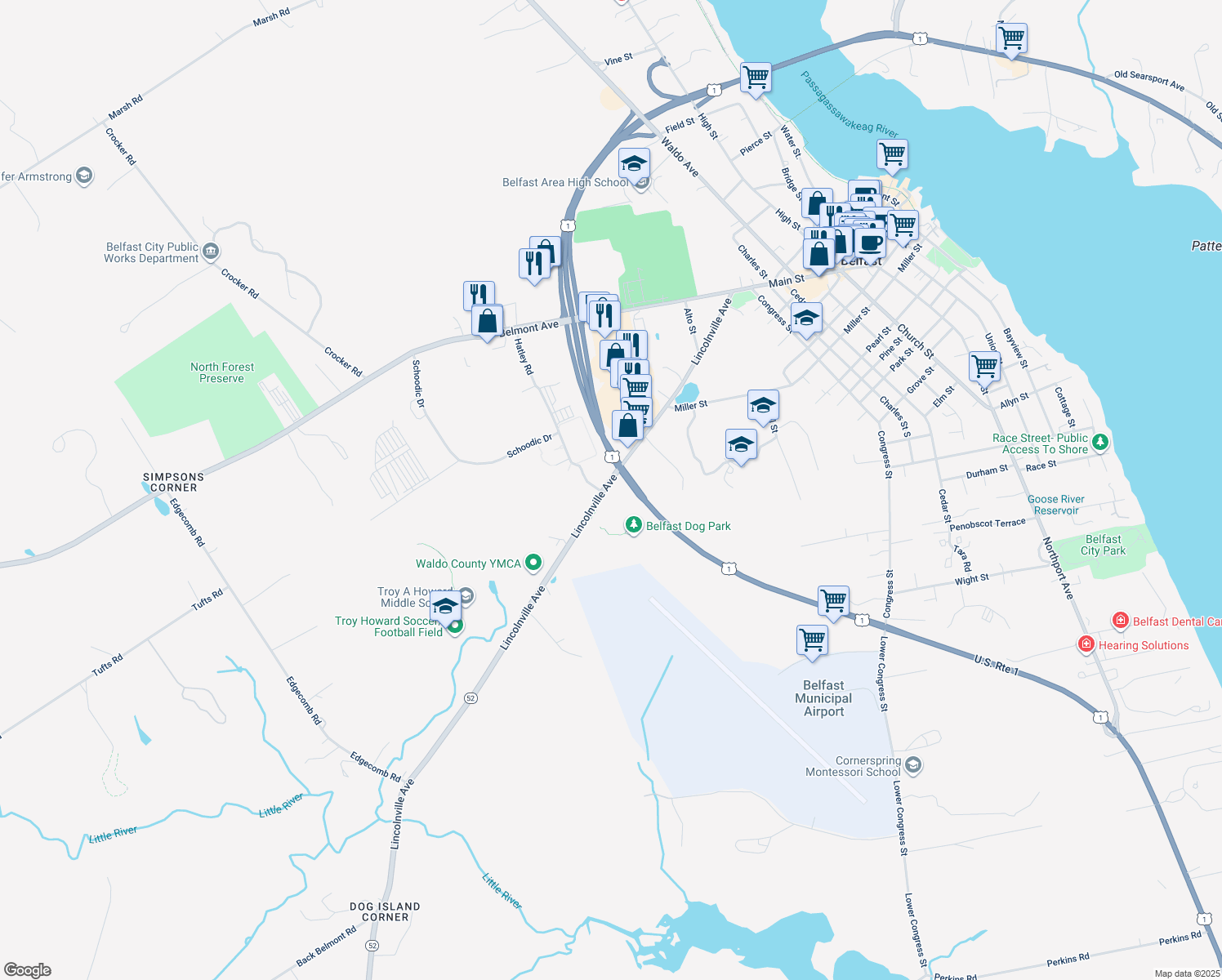map of restaurants, bars, coffee shops, grocery stores, and more near 122 Lincolnville Avenue in Belfast