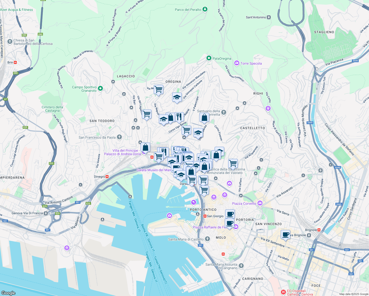 map of restaurants, bars, coffee shops, grocery stores, and more near 9 Via di Montegalletto in Genoa