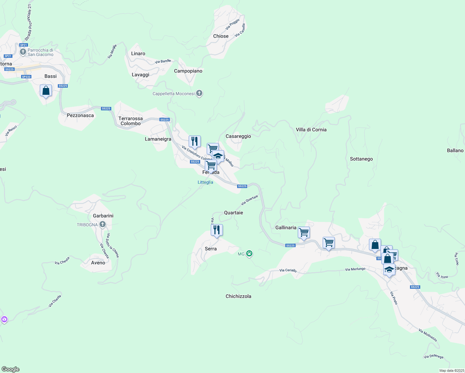 map of restaurants, bars, coffee shops, grocery stores, and more near 3 Via Alcide De Gasperi in Ferrada