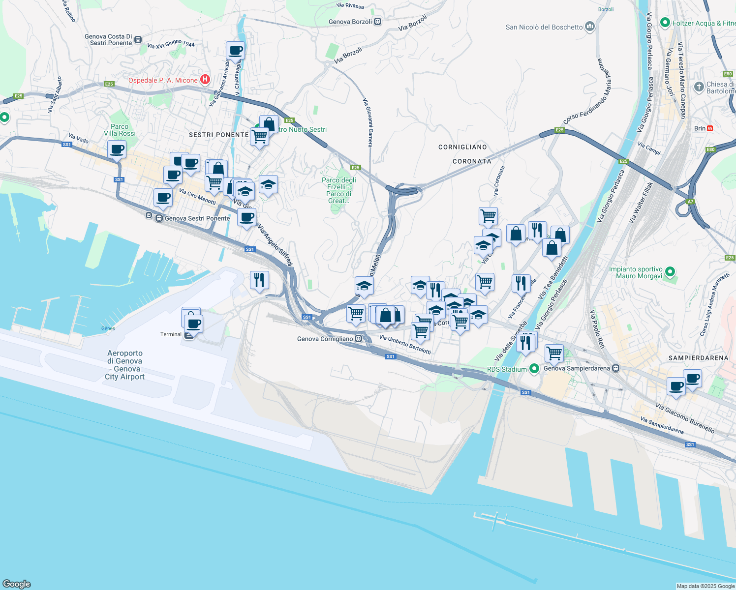map of restaurants, bars, coffee shops, grocery stores, and more near 5 Via dei Sessanta in Genoa