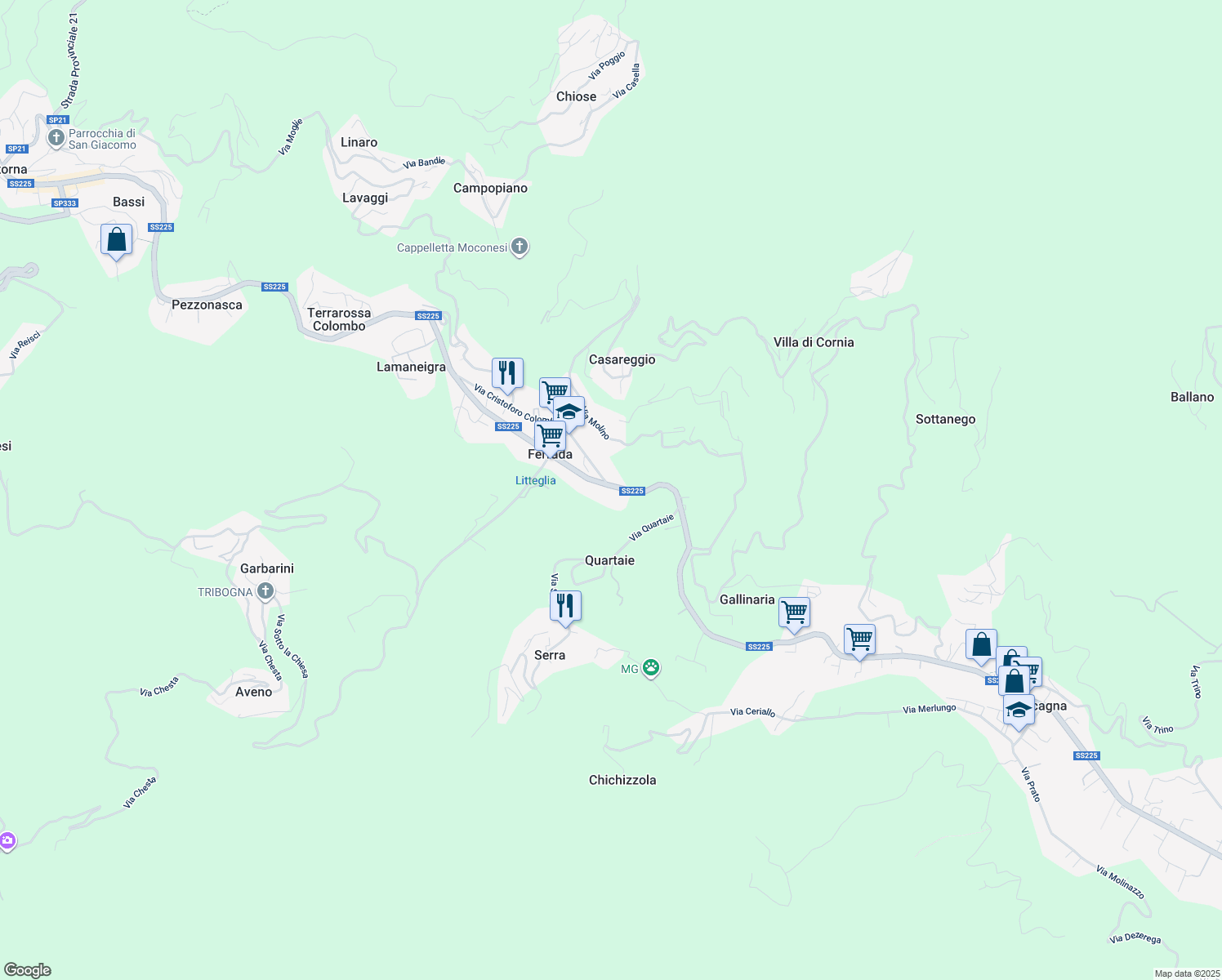 map of restaurants, bars, coffee shops, grocery stores, and more near 3 Via Alcide De Gasperi in Ferrada
