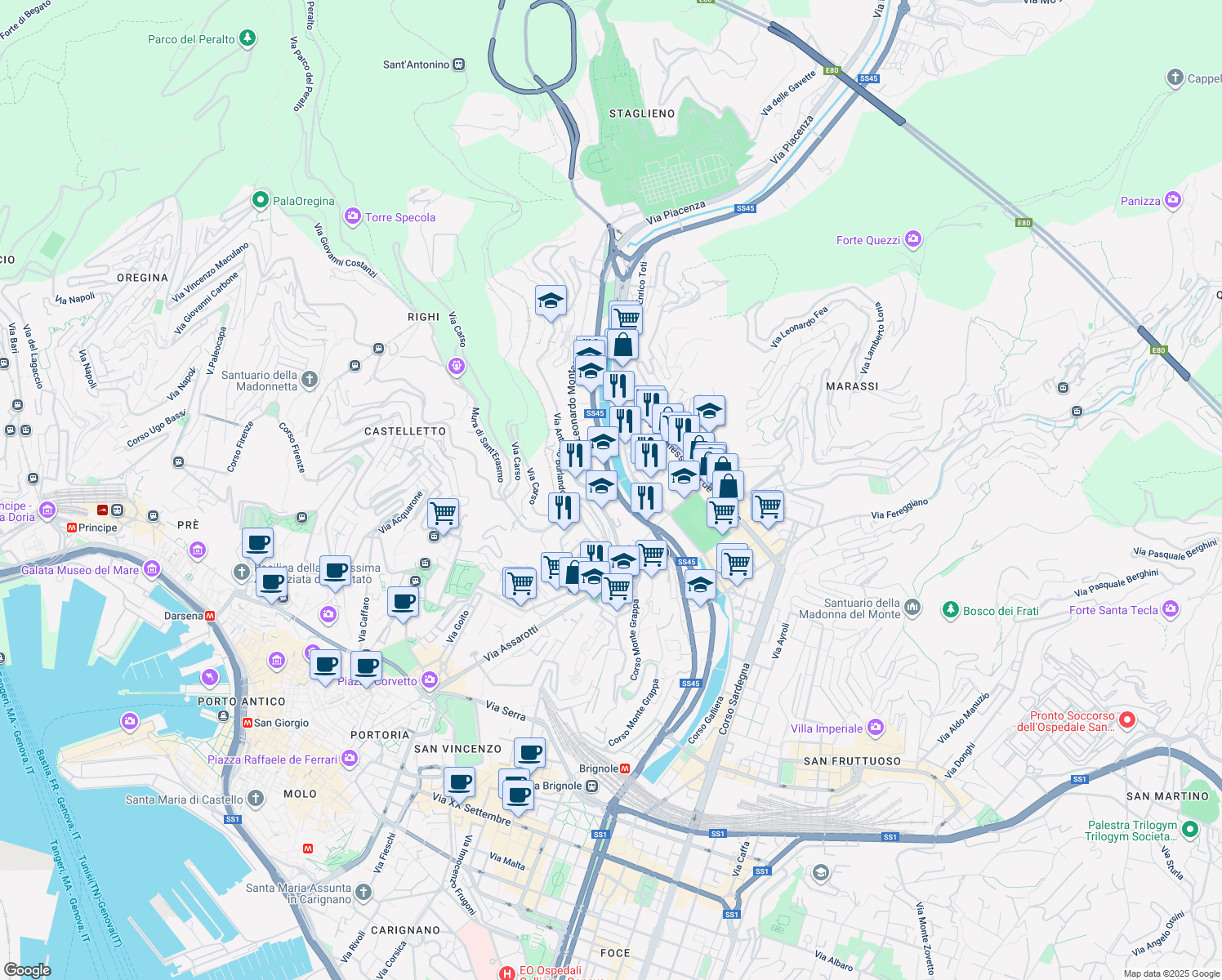 map of restaurants, bars, coffee shops, grocery stores, and more near 114 Via Bobbio in Genova