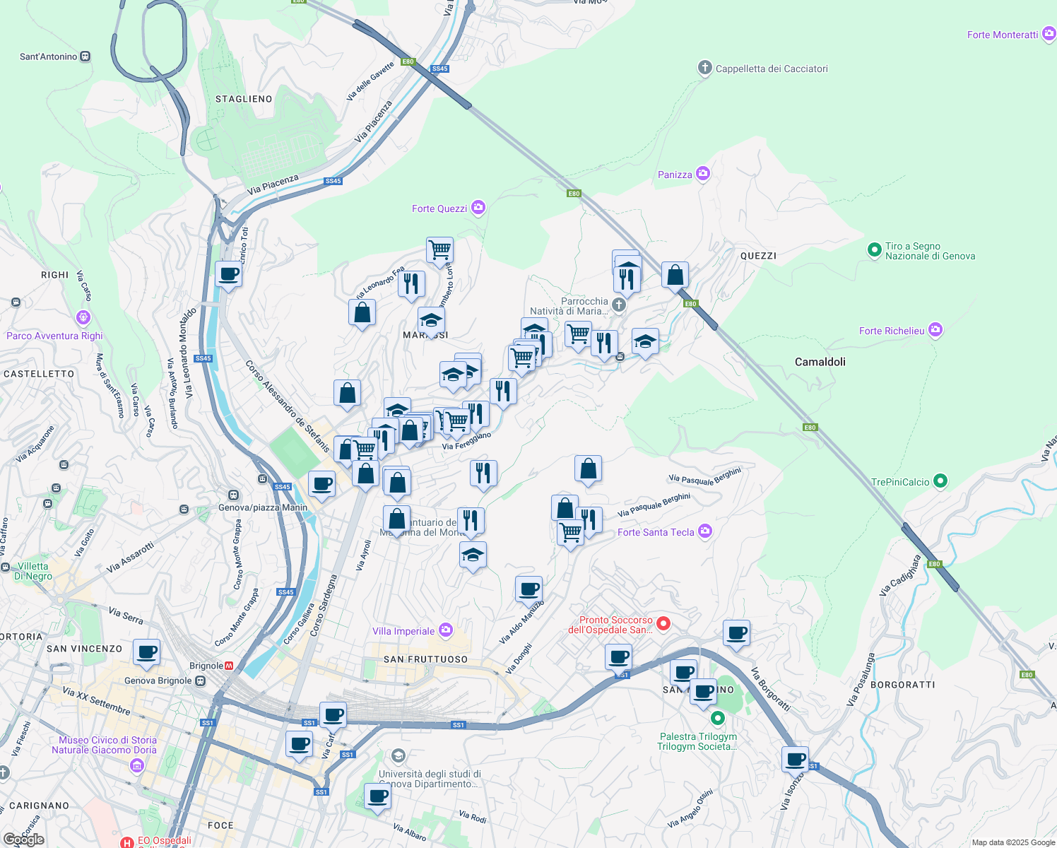 map of restaurants, bars, coffee shops, grocery stores, and more near 35 Via del Monte in Genova