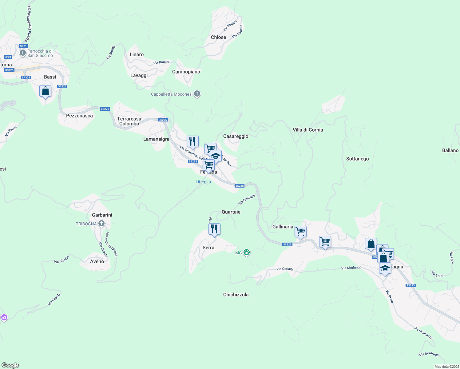 map of restaurants, bars, coffee shops, grocery stores, and more near 3 Via Alcide De Gasperi in Ferrada