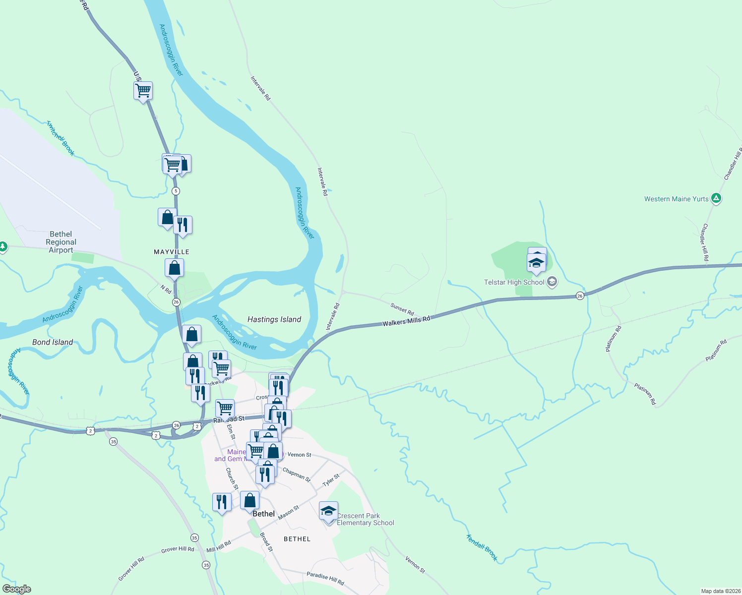 map of restaurants, bars, coffee shops, grocery stores, and more near 67 Sunset Road in Bethel
