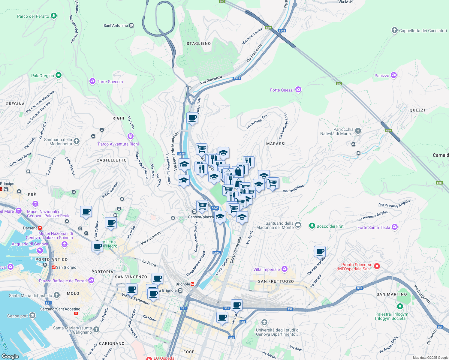 map of restaurants, bars, coffee shops, grocery stores, and more near 133 Corso Alessandro de Stefanis in Genova