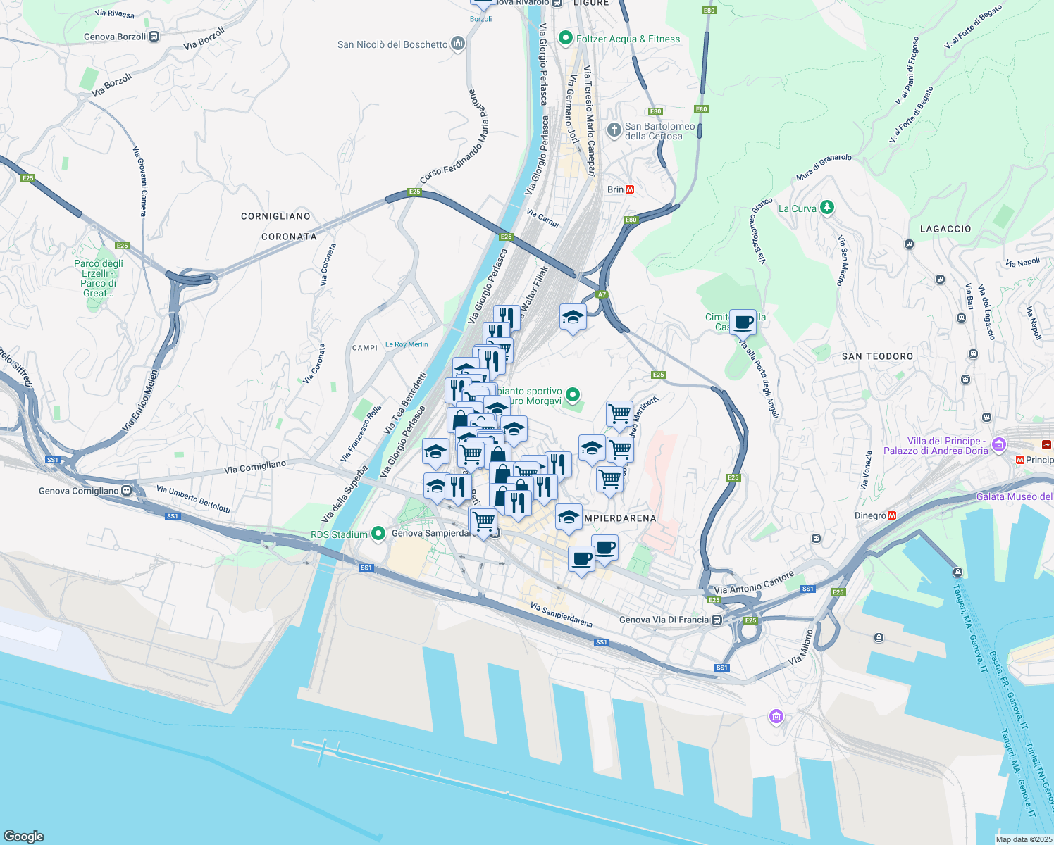 map of restaurants, bars, coffee shops, grocery stores, and more near in Genoa