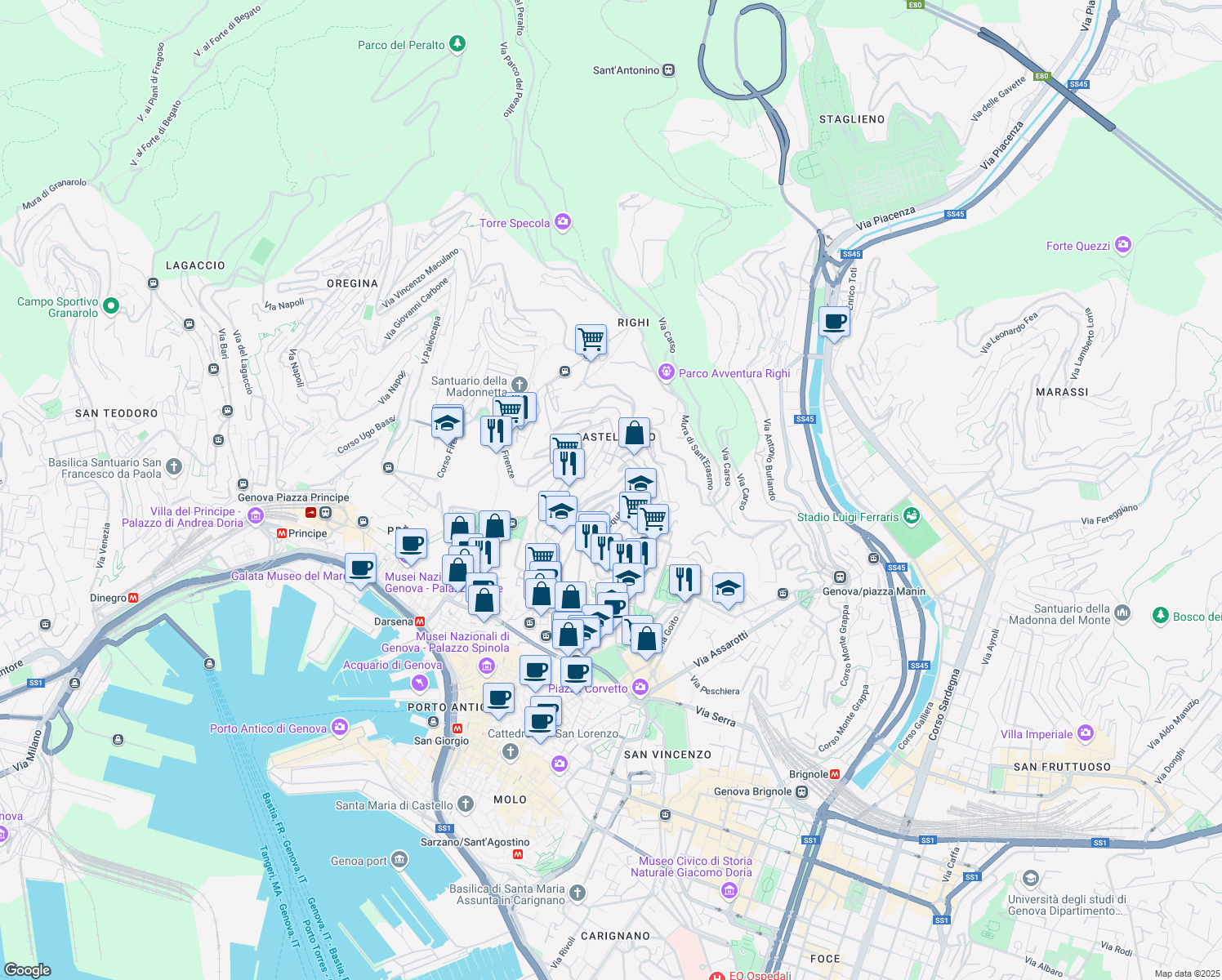 map of restaurants, bars, coffee shops, grocery stores, and more near 22 Via Oberto Cancelliere in Genova