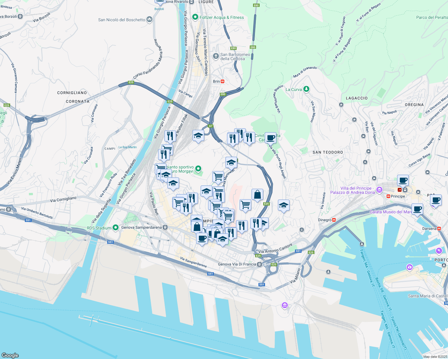 map of restaurants, bars, coffee shops, grocery stores, and more near 77 Corso Luigi Andrea Martinetti in Genova
