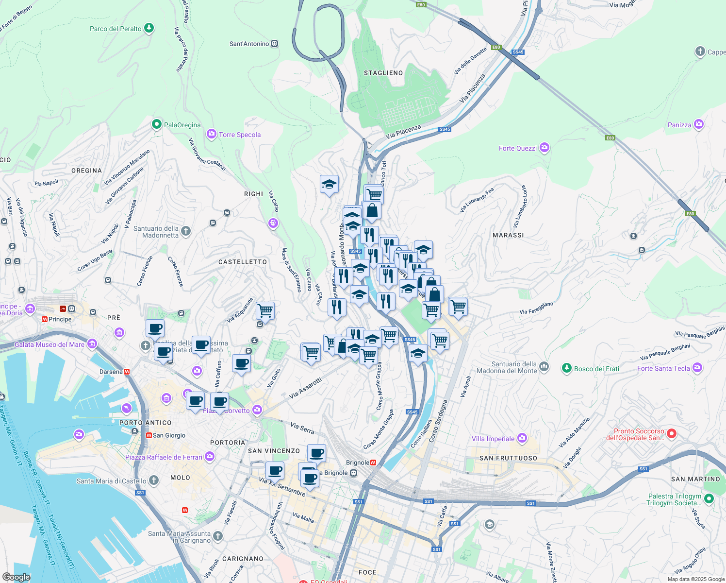 map of restaurants, bars, coffee shops, grocery stores, and more near 114 Via Bobbio in Genova
