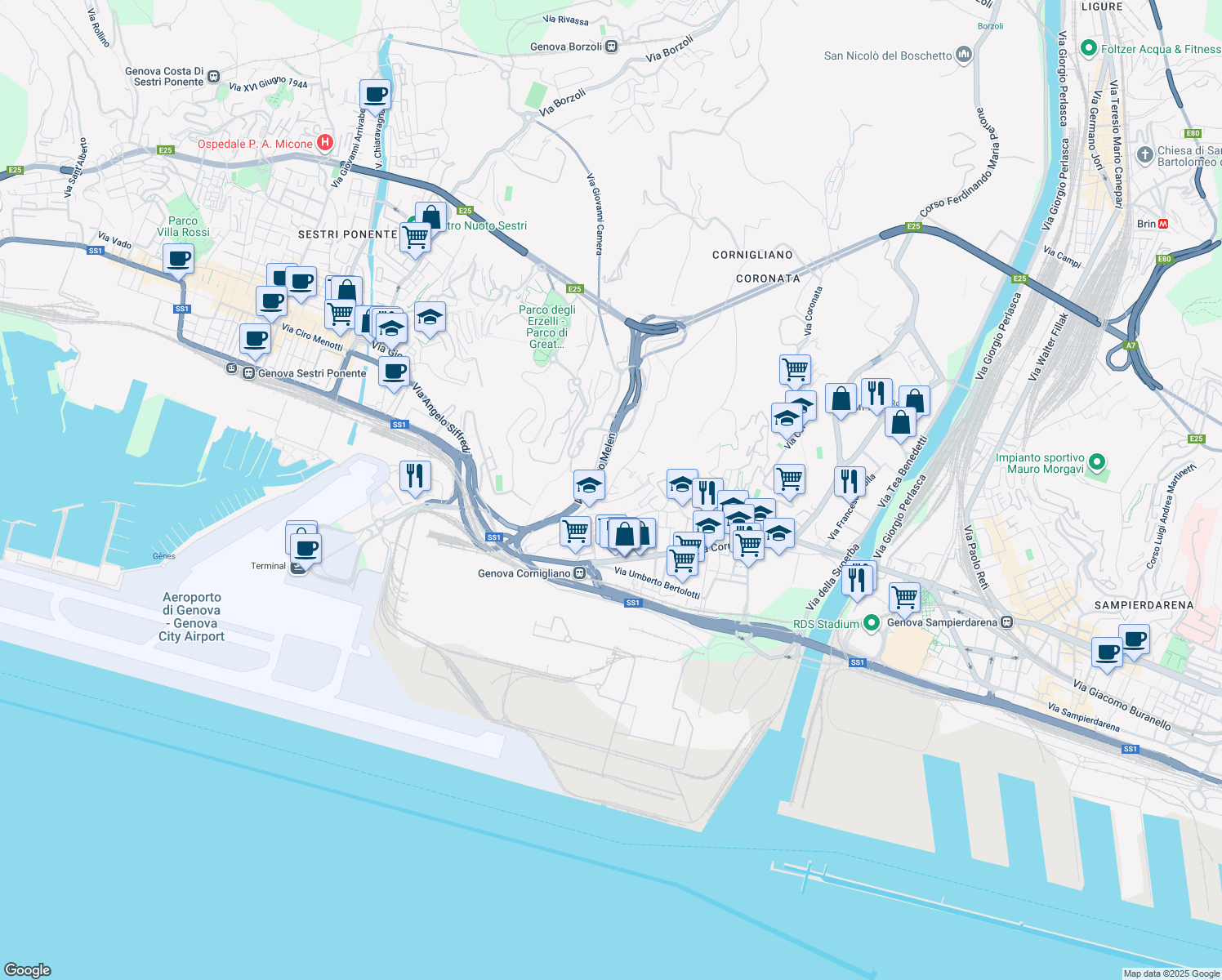 map of restaurants, bars, coffee shops, grocery stores, and more near 5 Via dei Sessanta in Genova